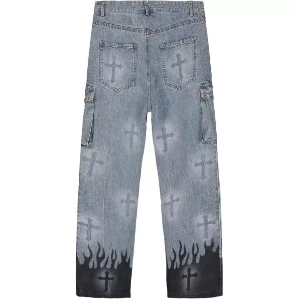 Aelfric Eden Mens Denim Jeans Flame Print Vintage Straight Trousers Streetwear Multi PocketsAelfric Eden Mens Denim Jeans Flame Print Vintage Straight Trousers Streetwear Multi Pockets