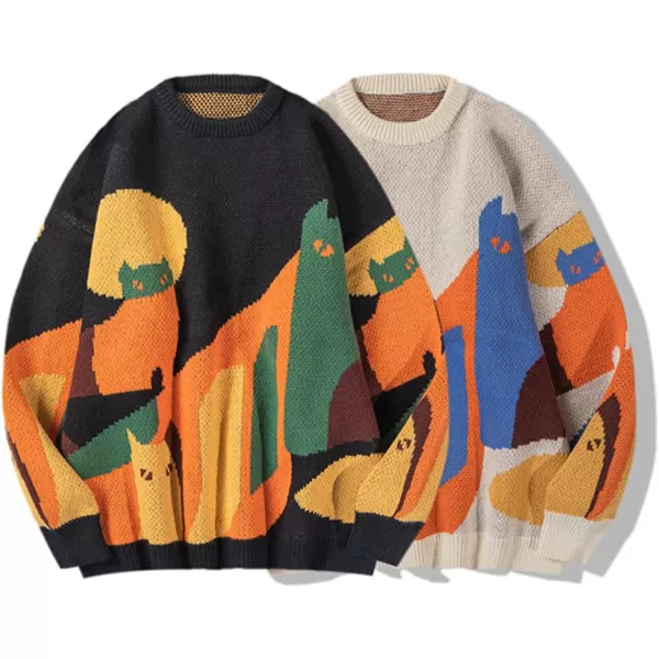 Aelfric Eden Mens Long Sleeve Van Gogh Printed Cable Knit Sweaters Casual Oversized Sweater Pullover002apricot