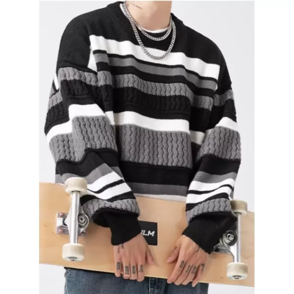 Aelfric Eden Mens Long Sleeve Van Gogh Printed Cable Knit Sweaters Casual Oversized Sweater Pullover1721black