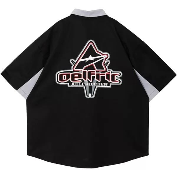 Aelfric Eden Mens Vintage Oversized Shirts Unisex Streetwear Patchwork Casual ShortSleeveA6black