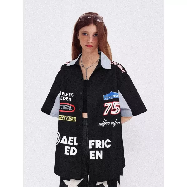 Aelfric Eden Mens Vintage Oversized Shirts Unisex Streetwear Patchwork Casual ShortSleeveA6black