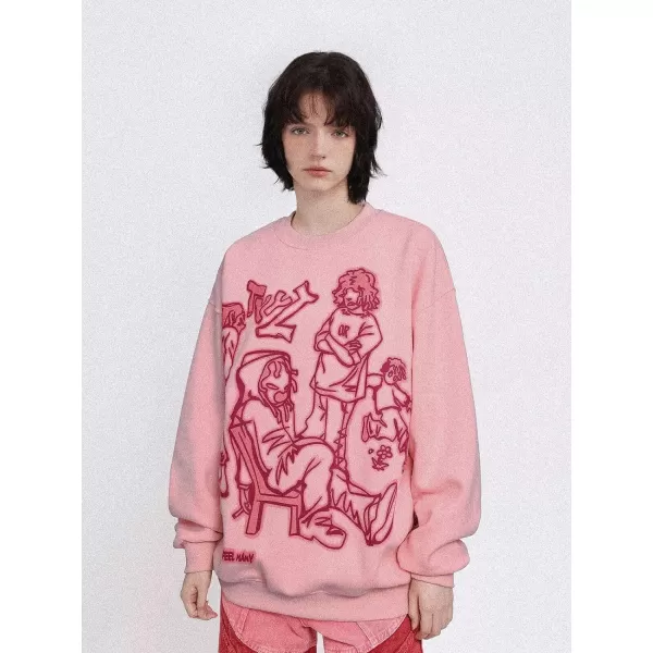 Aelfric Eden Oversized Crewneck Sweatshirts for Men Vintage Graphic Pullover Loose Fit Streetwear Long Sleeve TopA01pink