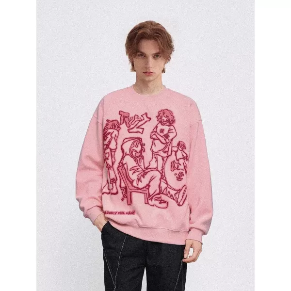Aelfric Eden Oversized Crewneck Sweatshirts for Men Vintage Graphic Pullover Loose Fit Streetwear Long Sleeve TopA01pink