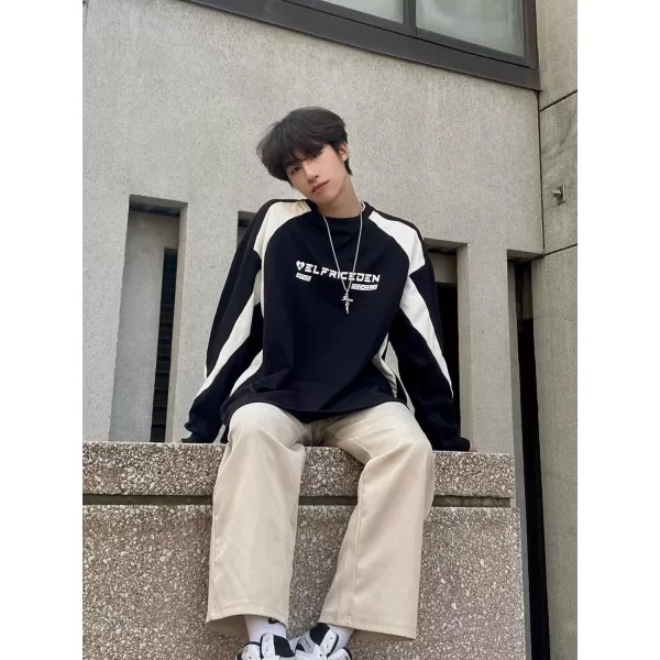 Aelfric Eden Oversized Crewneck Sweatshirts for Men Vintage Graphic Pullover Loose Fit Streetwear Long Sleeve TopD04patchworkampblack