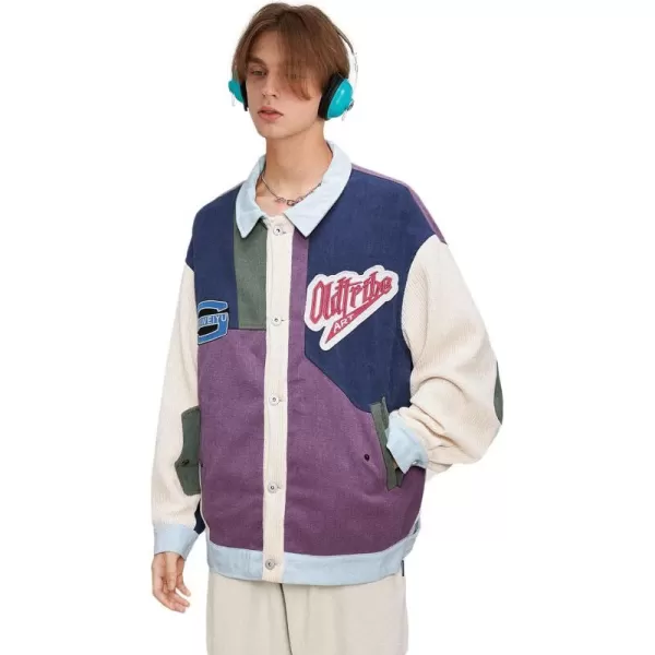 Aelfric Eden Mens Color Block Corduroy Trucker Jacket Oversized Vintage Collared Button Down Jackets Loose Casual CoatsN3blue Purple