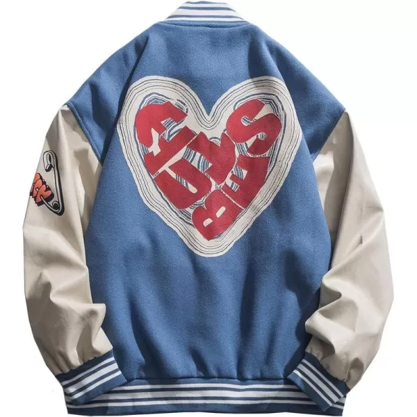 Aelfric Eden Mens Letter Foaming Love Print Varsity Jacket Vintage Graphic Baseball Jacket Unisex Coats StreetwearBlue