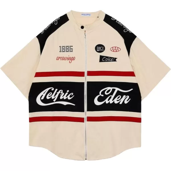 Aelfric Eden Mens Vintage Oversized Shirts Unisex Streetwear Patchwork Casual ShortSleeveA2beige