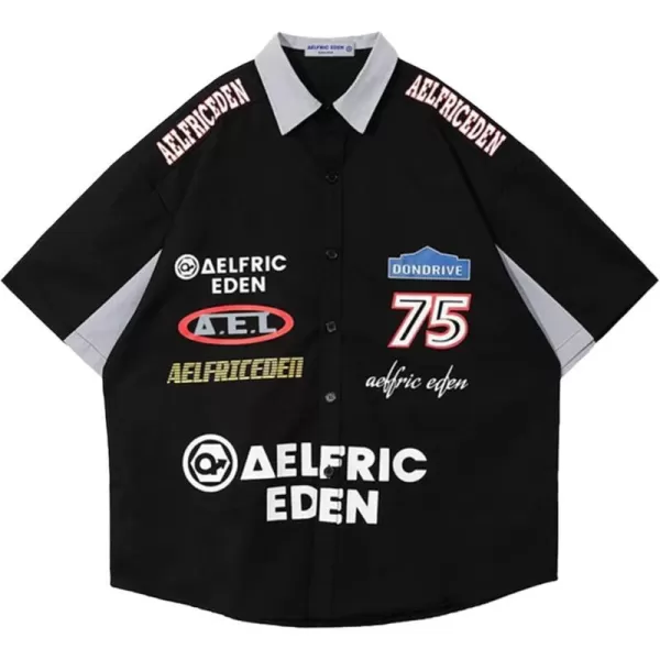 Aelfric Eden Mens Vintage Oversized Shirts Unisex Streetwear Patchwork Casual ShortSleeveA6black