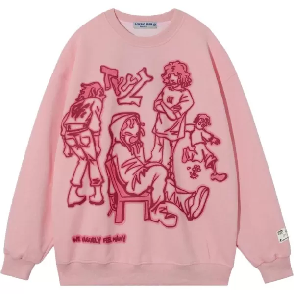 Aelfric Eden Oversized Crewneck Sweatshirts for Men Vintage Graphic Pullover Loose Fit Streetwear Long Sleeve TopA01pink