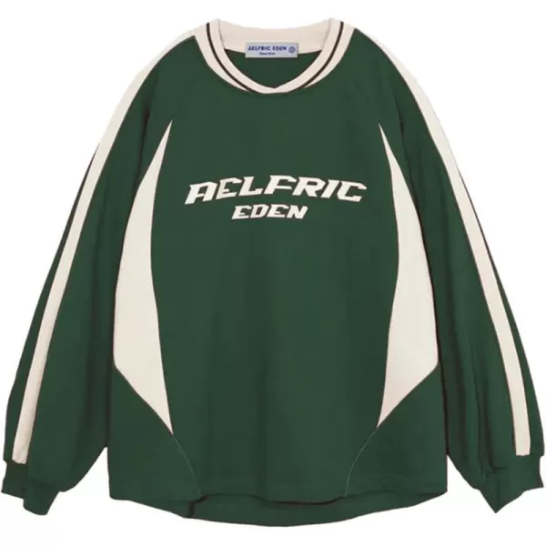 Aelfric Eden Oversized Crewneck Sweatshirts for Men Vintage Graphic Pullover Loose Fit Streetwear Long Sleeve TopApatchwork amp Green