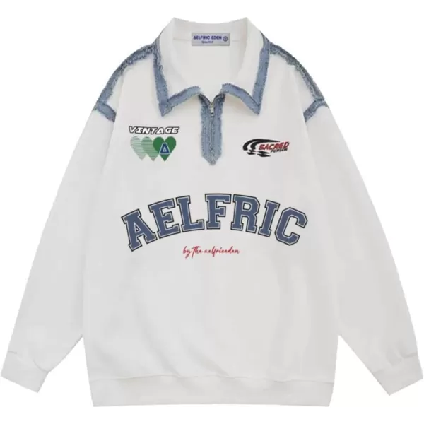Aelfric Eden Oversized Crewneck Sweatshirts for Men Vintage Graphic Pullover Loose Fit Streetwear Long Sleeve TopE02embroidery Patchwork Polo amp White