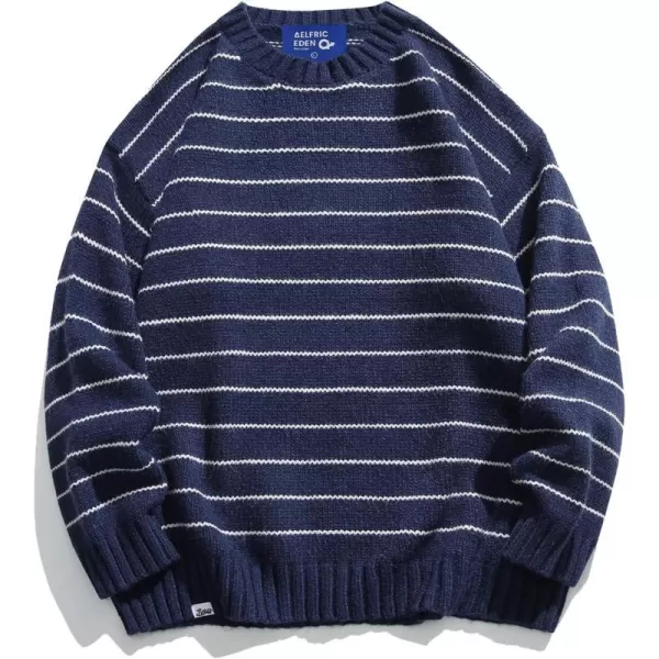 Aelfric Eden Vintage Soft Knit Sweater Autumn Mens Oversized Casual Pullover JumperD02stripes amp Navyblue