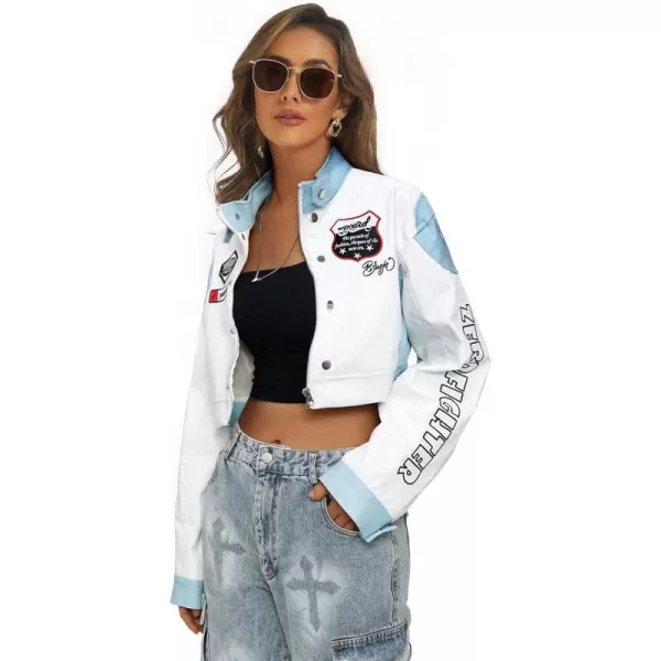 Aelfric Eden Womens Leather Jacket Cropped Motorcycle Biker Coat Color Block Bomber Vintage Racing JacketA3blue