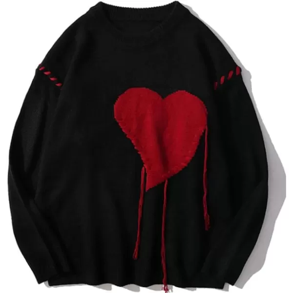 Aelfric Eden Graphic Heart Printed Knit Sweater Long Sleeve Crewneck Oversized Loose Fit Pullover TopsC02black