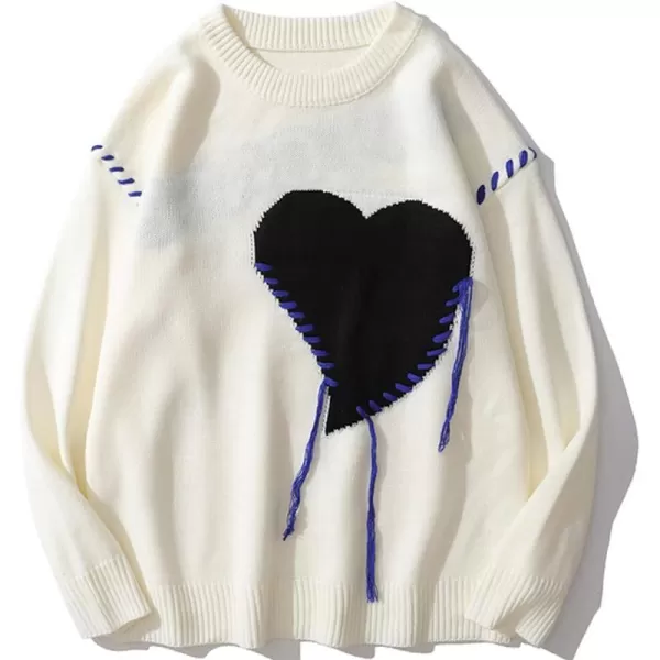 Aelfric Eden Graphic Heart Printed Knit Sweater Long Sleeve Crewneck Oversized Loose Fit Pullover TopsC02white