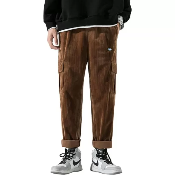 Aelfric Eden Mens Corduroy Vintage Cargo Sweatpants Long Solid Elastic Waist Casual Pants Hip hop Streetwear Pant11brown
