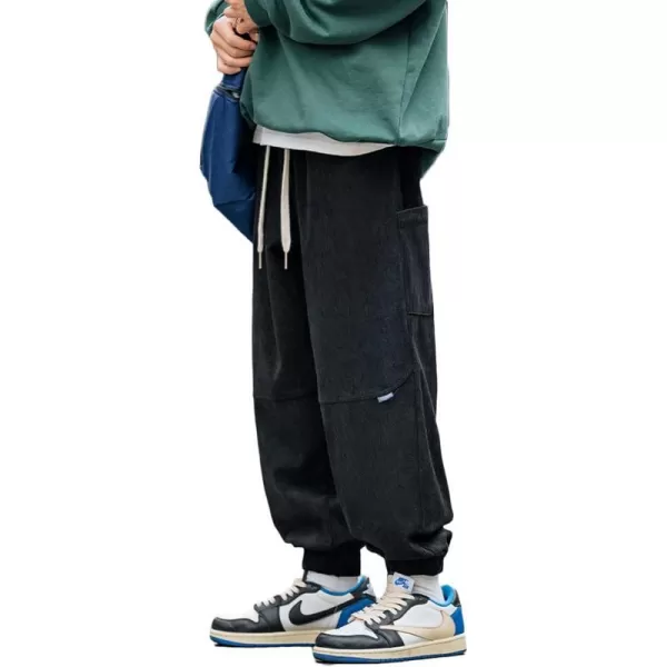 Aelfric Eden Mens Corduroy Vintage Cargo Sweatpants Long Solid Elastic Waist Casual Pants Hip hop Streetwear Pant13black