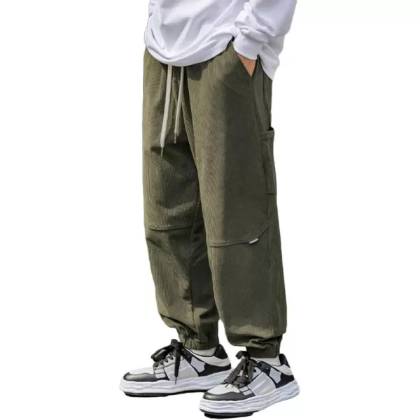 Aelfric Eden Mens Corduroy Vintage Cargo Sweatpants Long Solid Elastic Waist Casual Pants Hip hop Streetwear Pant13green