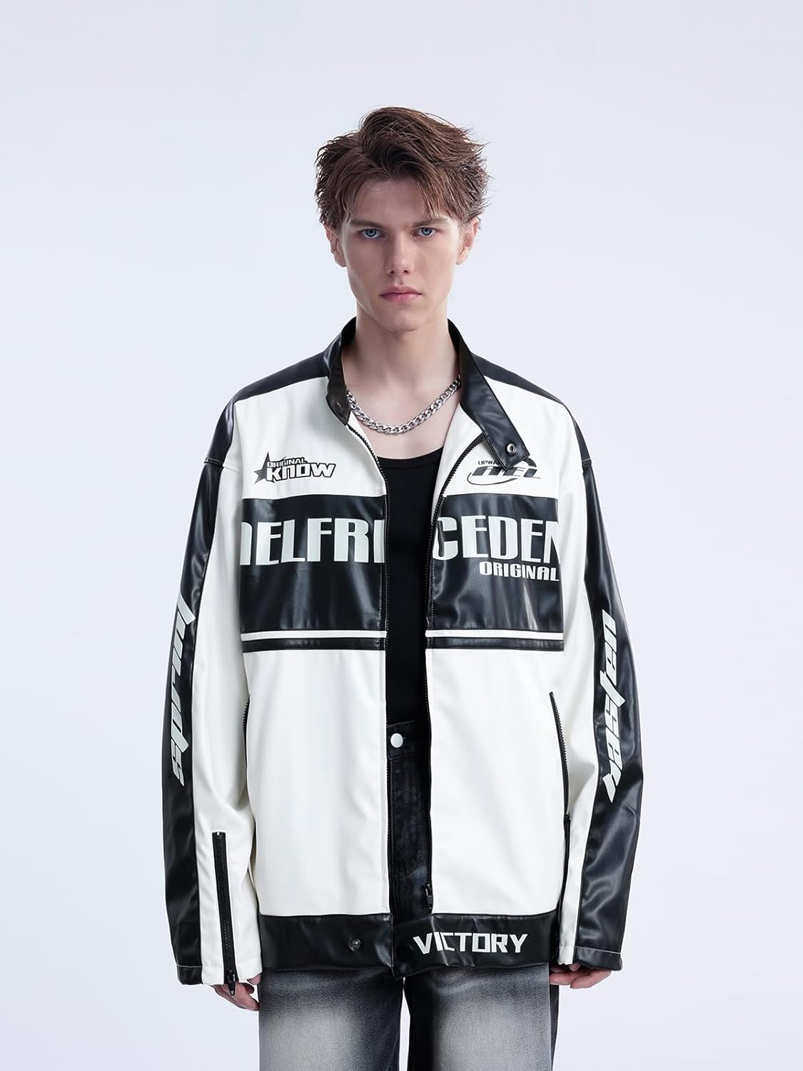 Aelfric Eden Mens Faux Leather Varsity Jacket Vintage Racing Motorcycle Graphic Bomber Jackets Oversized Streetwear Jacket05white