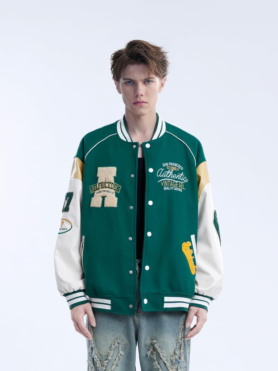 Aelfric Eden Mens Faux Leather Varsity Jacket Vintage Racing Motorcycle Graphic Bomber Jackets Oversized Streetwear Jacket09green