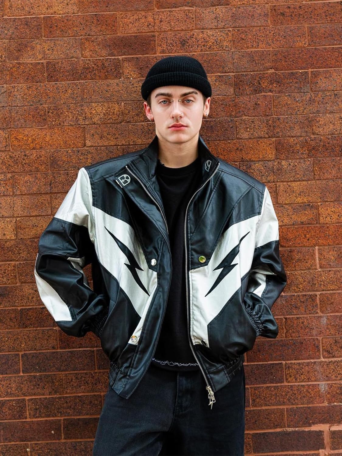 Aelfric Eden Mens Faux Leather Varsity Jacket Vintage Racing Motorcycle Graphic Bomber Jackets Oversized Streetwear Jacket11grey