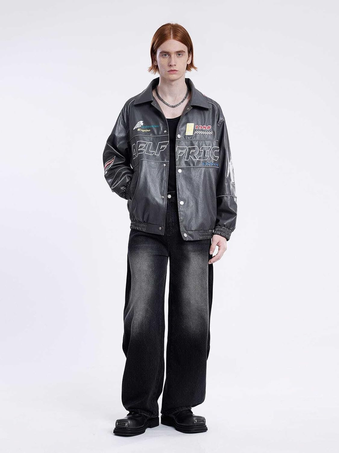 Aelfric Eden Mens Faux Leather Varsity Jacket Vintage Racing Motorcycle Graphic Bomber Jackets Oversized Streetwear Jacket14dark Grey