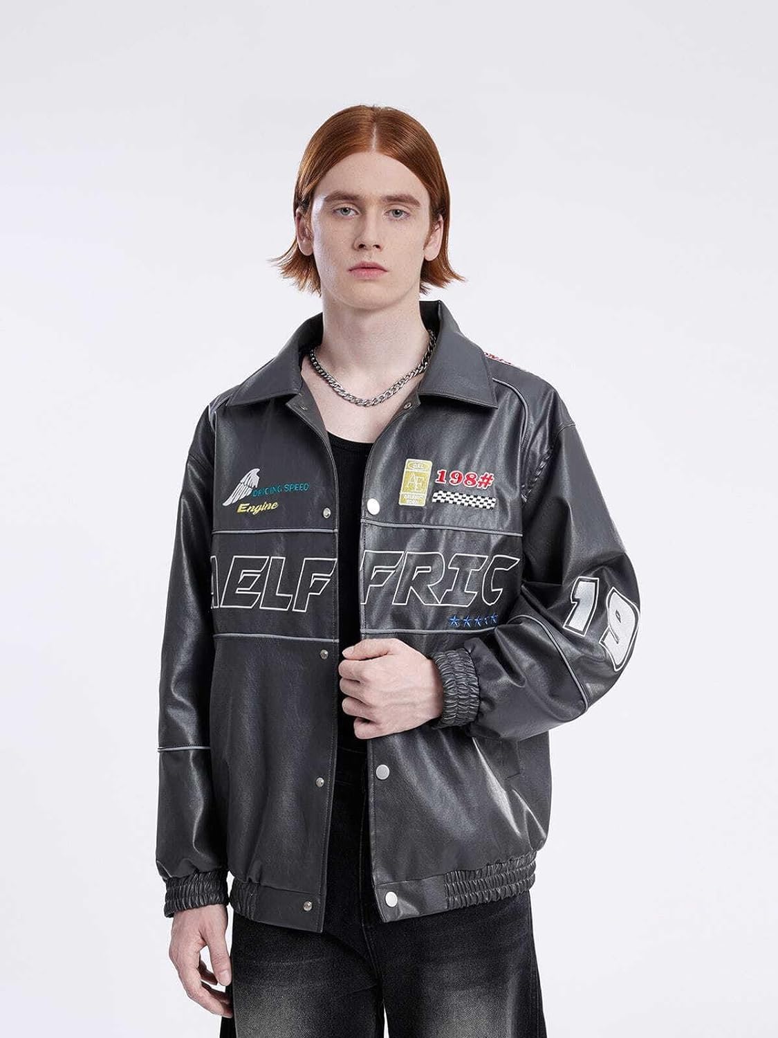Aelfric Eden Mens Faux Leather Varsity Jacket Vintage Racing Motorcycle Graphic Bomber Jackets Oversized Streetwear Jacket14dark Grey