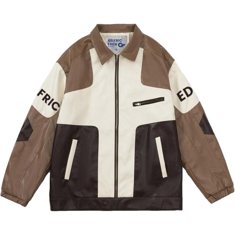 Aelfric Eden Mens Faux Leather Varsity Jacket Vintage Racing Motorcycle Graphic Bomber Jackets Oversized Streetwear Jacket06coffee