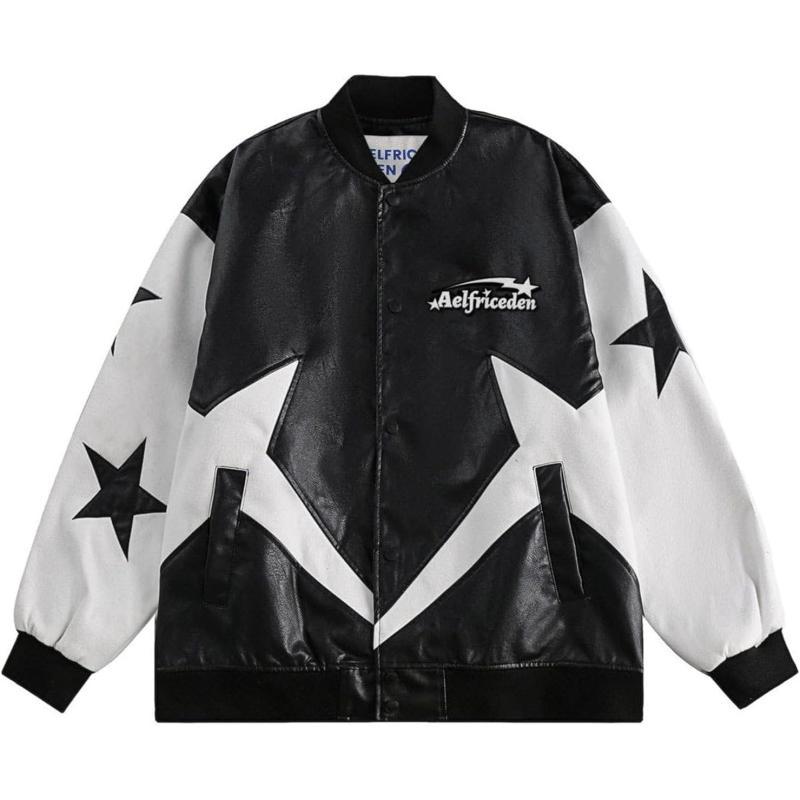 Aelfric Eden Mens Faux Leather Varsity Jacket Vintage Racing Motorcycle Graphic Bomber Jackets Oversized Streetwear Jacket12black