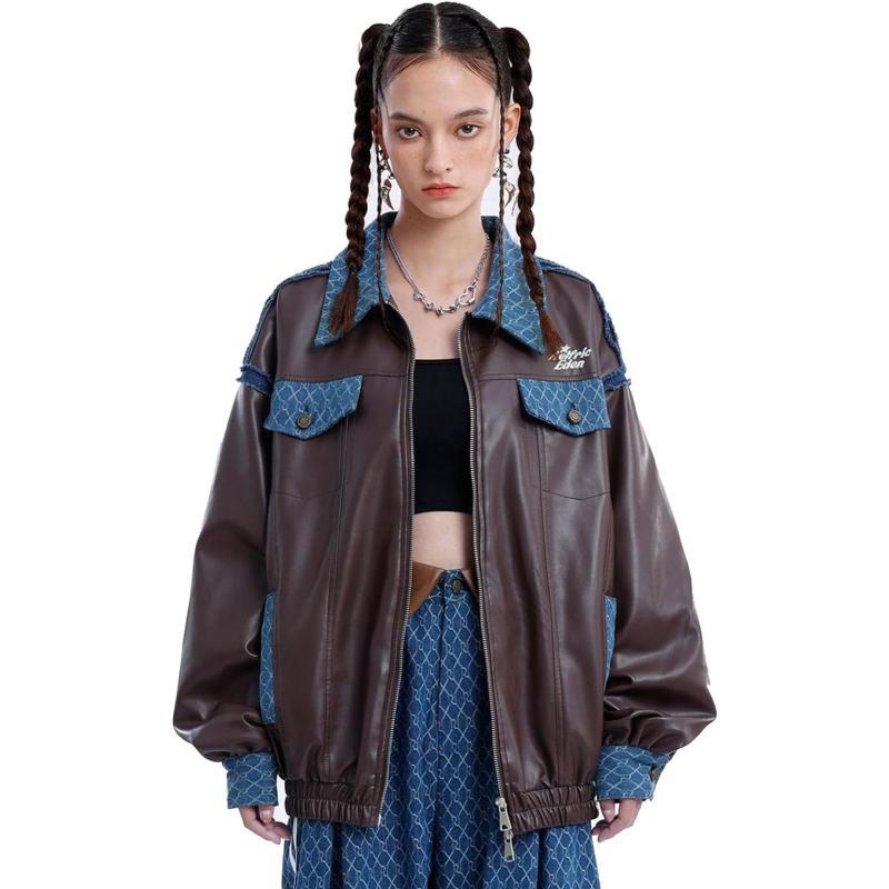 Aelfric Eden Mens Faux Leather Varsity Jacket Vintage Racing Motorcycle Graphic Bomber Jackets Oversized Streetwear Jacket13brown