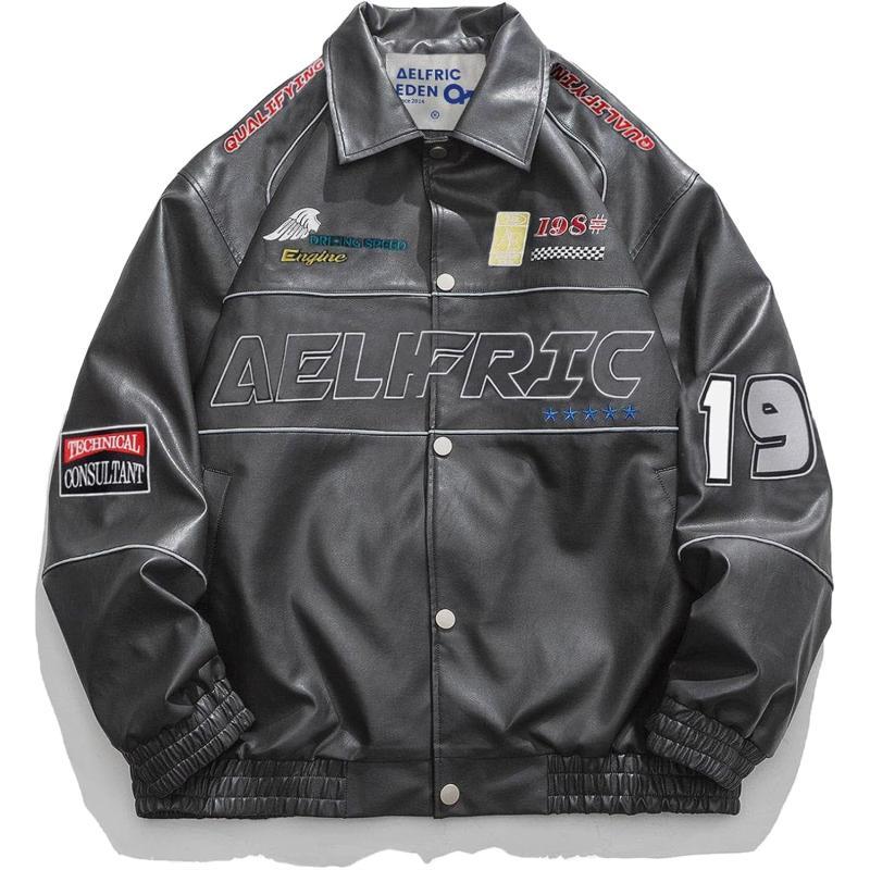 Aelfric Eden Mens Faux Leather Varsity Jacket Vintage Racing Motorcycle Graphic Bomber Jackets Oversized Streetwear Jacket14dark Grey