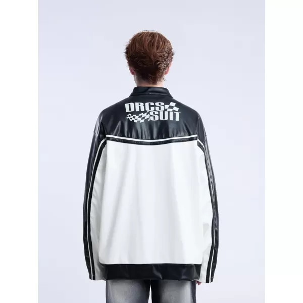 Aelfric Eden Mens Faux Leather Varsity Jacket Vintage Racing Motorcycle Graphic Bomber Jackets Oversized Streetwear Jacket05white