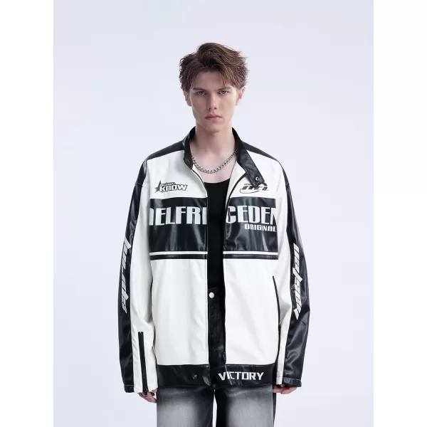 Aelfric Eden Mens Faux Leather Varsity Jacket Vintage Racing Motorcycle Graphic Bomber Jackets Oversized Streetwear Jacket05white