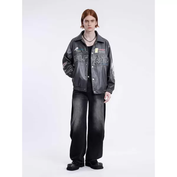 Aelfric Eden Mens Faux Leather Varsity Jacket Vintage Racing Motorcycle Graphic Bomber Jackets Oversized Streetwear Jacket14dark Grey