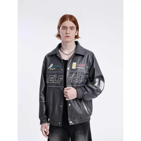 Aelfric Eden Mens Faux Leather Varsity Jacket Vintage Racing Motorcycle Graphic Bomber Jackets Oversized Streetwear Jacket14dark Grey