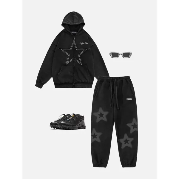 Aelfric Eden Mens Vintage Oversized Star Graphic Print Hoodie Streetwear ZipUp Hoodies Sweatshirt Casual HoodedA2black