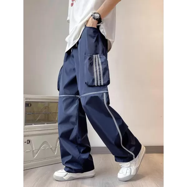 Aelfric Eden Striped Track Pants Men Parachute Pants Women Baggy Sweatpants Y2k Wide Leg Cargo Pants with DrawstringVs29navy Blue