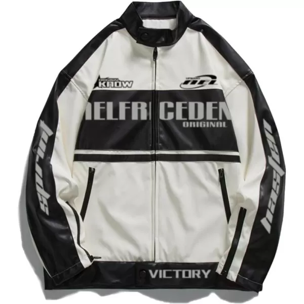 Aelfric Eden Mens Faux Leather Varsity Jacket Vintage Racing Motorcycle Graphic Bomber Jackets Oversized Streetwear Jacket05white