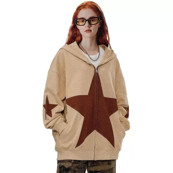 Aelfric Eden Mens Vintage Oversized Star Graphic Print Hoodie Streetwear ZipUp Hoodies Sweatshirt Casual Hooded06apricot