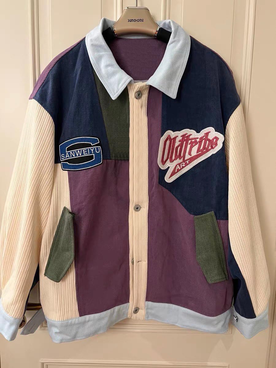 Aelfric Eden Mens Motorcycle Jackets Varsity Jacket Vintage Letter Print Patchwork Jacket Beige Oversized Overcoats01black