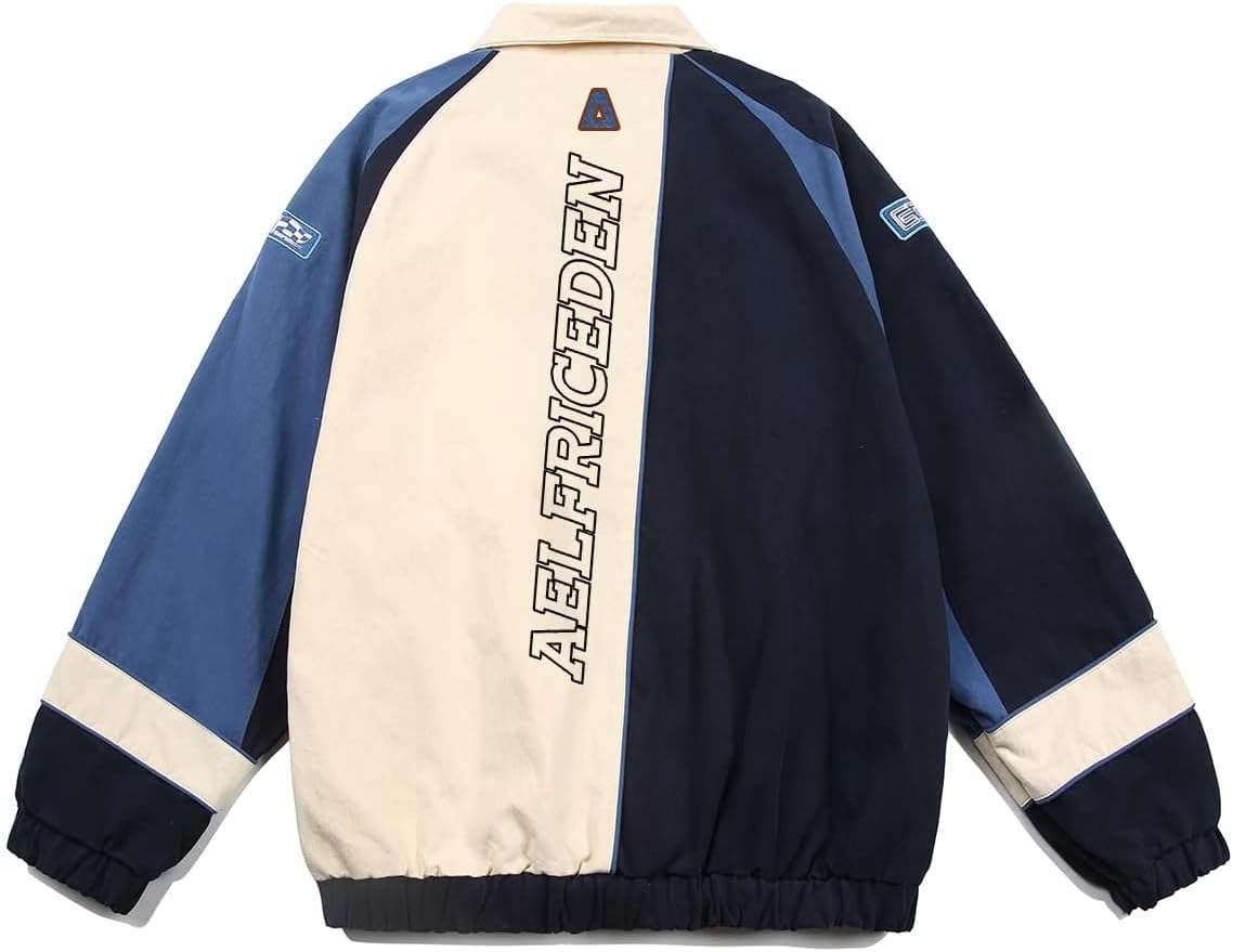 Aelfric Eden Mens Motorcycle Jackets Varsity Jacket Vintage Letter Print Patchwork Jacket Beige Oversized Overcoats643blue