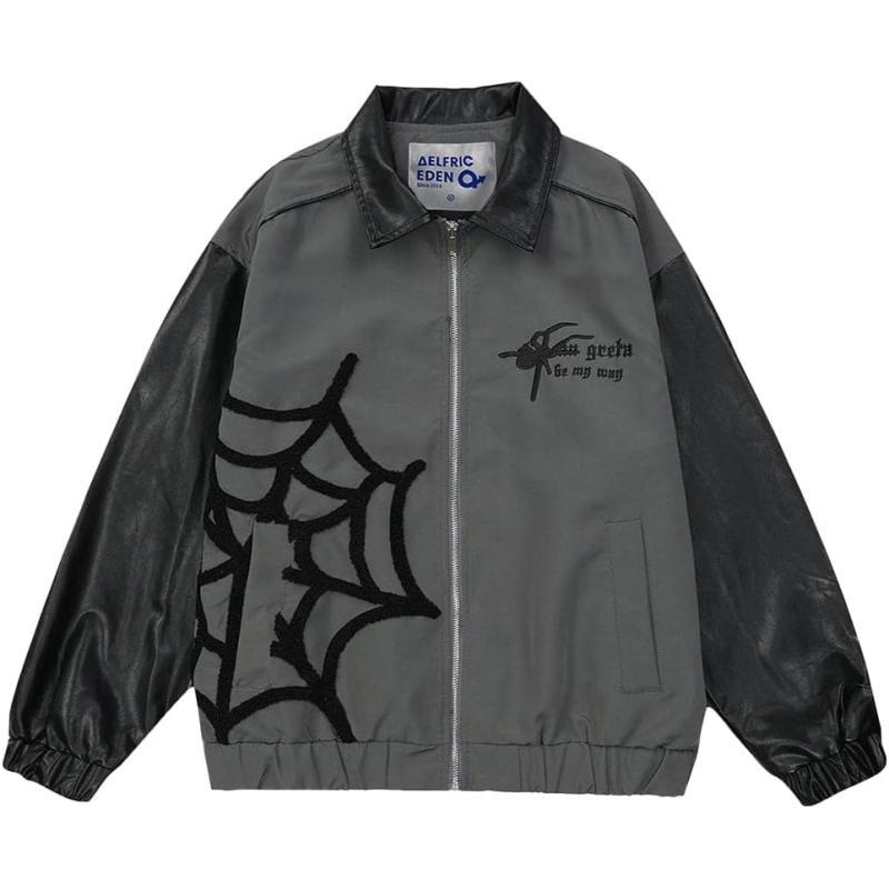 Aelfric Eden Mens Motorcycle Jackets Varsity Jacket Vintage Letter Print Patchwork Jacket Beige Oversized Overcoats1504grey