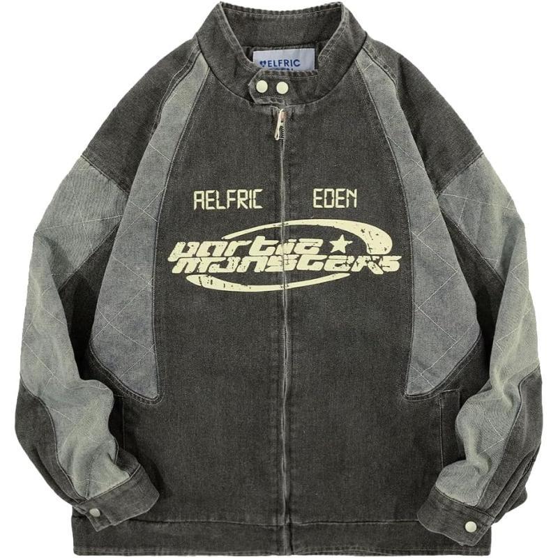 Aelfric Eden Mens Motorcycle Jackets Varsity Jacket Vintage Letter Print Patchwork Jacket Beige Oversized Overcoats1712gray