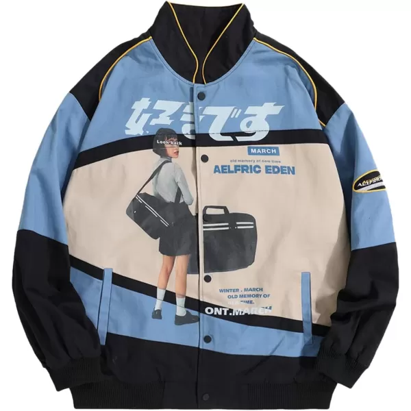 Aelfric Eden Mens Harajuku Graphic Print Varsity Jacket Colorblock Zipper Closure Baseball CoatsBlue
