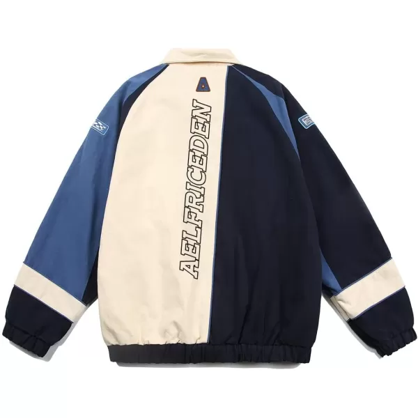 Aelfric Eden Mens Motorcycle Jackets Varsity Jacket Vintage Letter Print Patchwork Jacket Beige Oversized Overcoats643blue