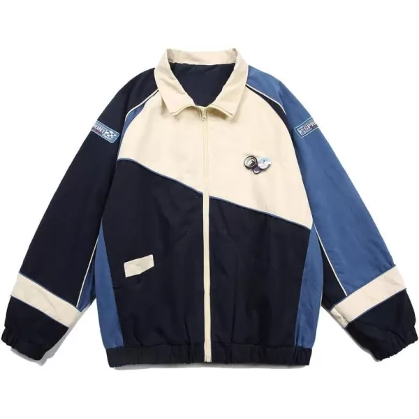 Aelfric Eden Mens Motorcycle Jackets Varsity Jacket Vintage Letter Print Patchwork Jacket Beige Oversized Overcoats643blue