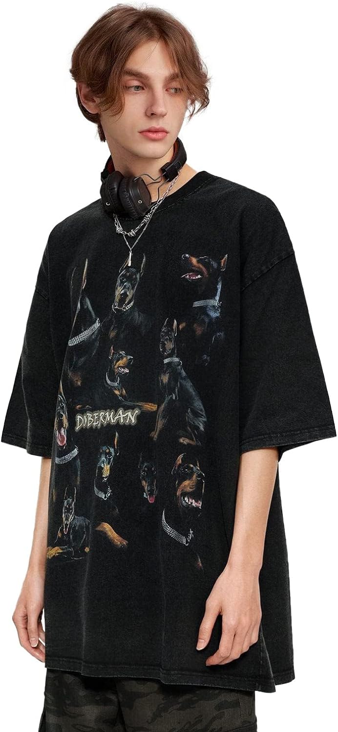 Aelfric Eden Mens Vintage Oversized Tee Shirts Doggy Graphic Print Crewneck Crop Tops Streetwear Cotton Short SleeveBlack19
