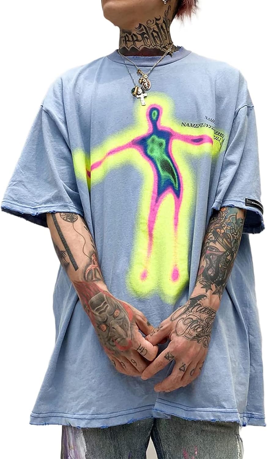 Aelfric Eden Mens Vintage Oversized Tee Shirts Doggy Graphic Print Crewneck Crop Tops Streetwear Cotton Short SleeveBlue37