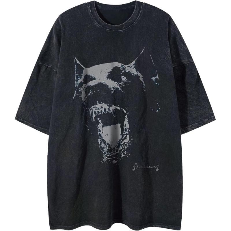 Aelfric Eden Mens Vintage Oversized Tee Shirts Doggy Graphic Print Crewneck Crop Tops Streetwear Cotton Short SleeveA01black