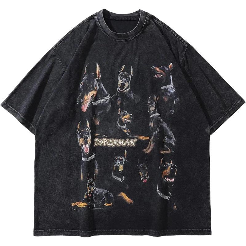 Aelfric Eden Mens Vintage Oversized Tee Shirts Doggy Graphic Print Crewneck Crop Tops Streetwear Cotton Short SleeveBlack19